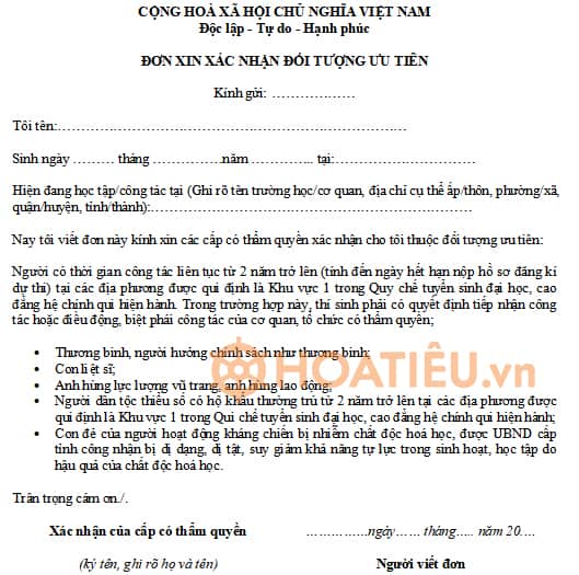 Đơn xin xác nhận đối tượng ưu tiên
