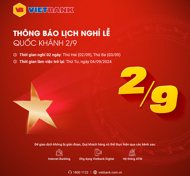 Lịch nghỉ lễ 2/9 của ngân hàng VietBank