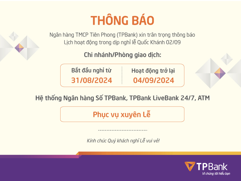 Lịch nghỉ lễ 2/9 của ngân hàng TPBank