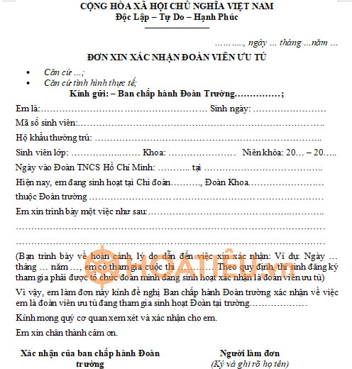 Mẫu đơn xin xác nhận đoàn viên ưu tú
