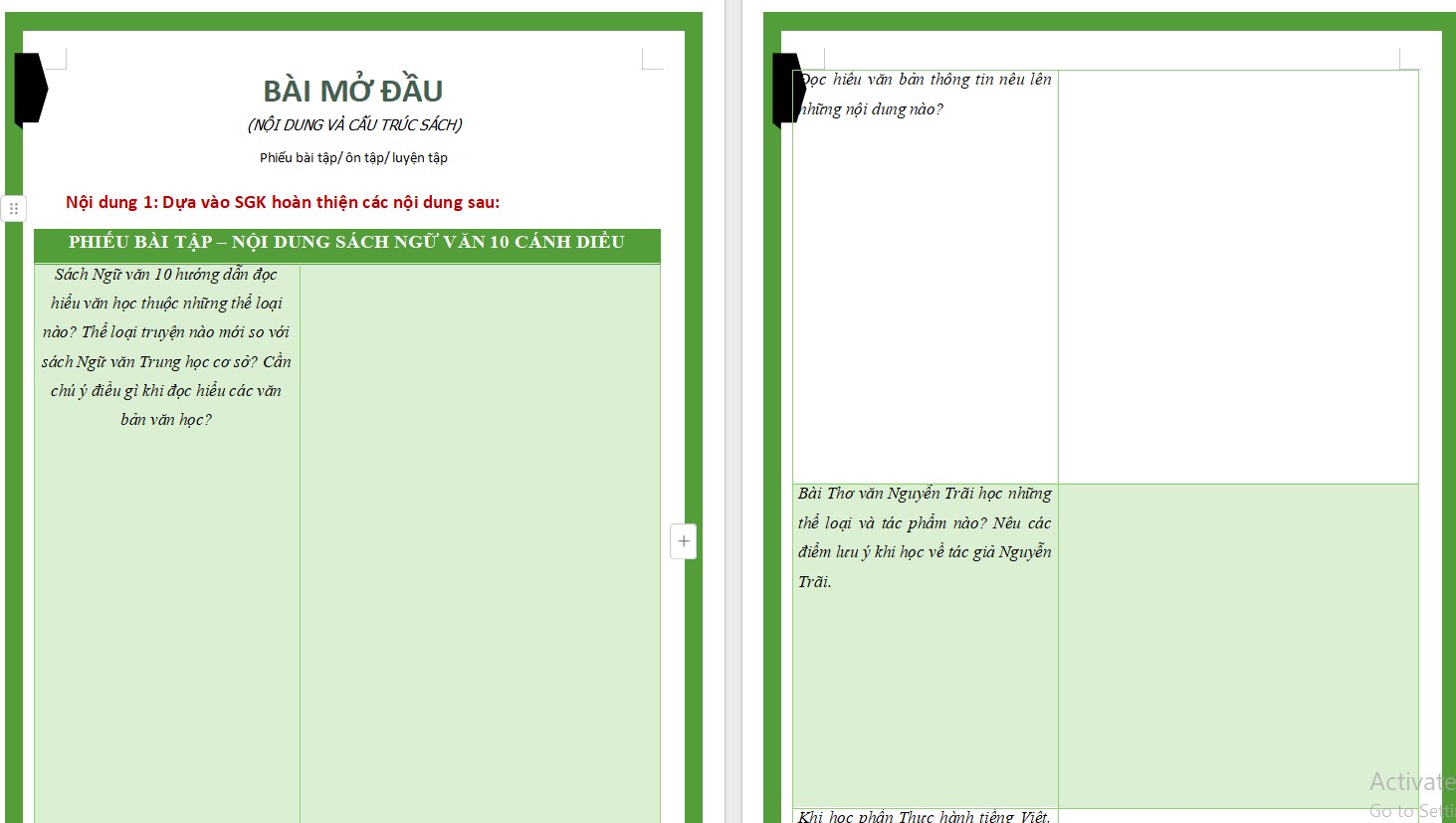 Phiếu học tập Ngữ văn 10 Cánh Diều kì 1