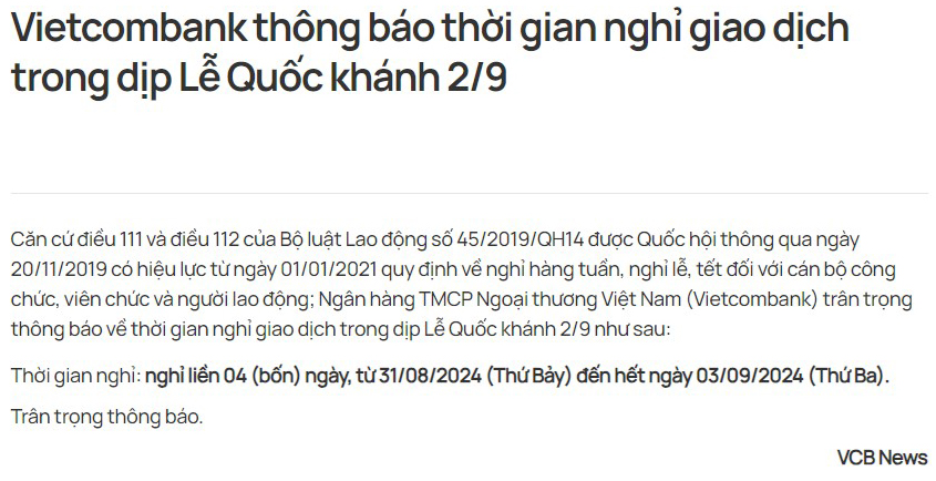 Lịch nghỉ lễ 2/9 của ngân hàng Vietcombank