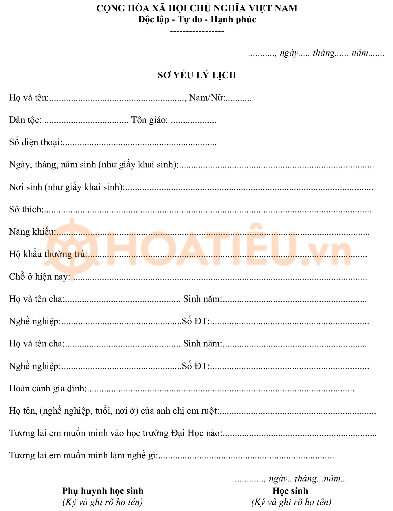 Sơ yếu lý lịch của học sinh vào lớp 10