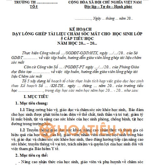 Kế hoạch tích hợp chăm sóc mắt phòng chống mũ lòa lớp 5