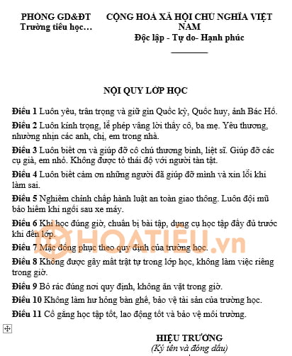 Nội quy lớp học Mầm non