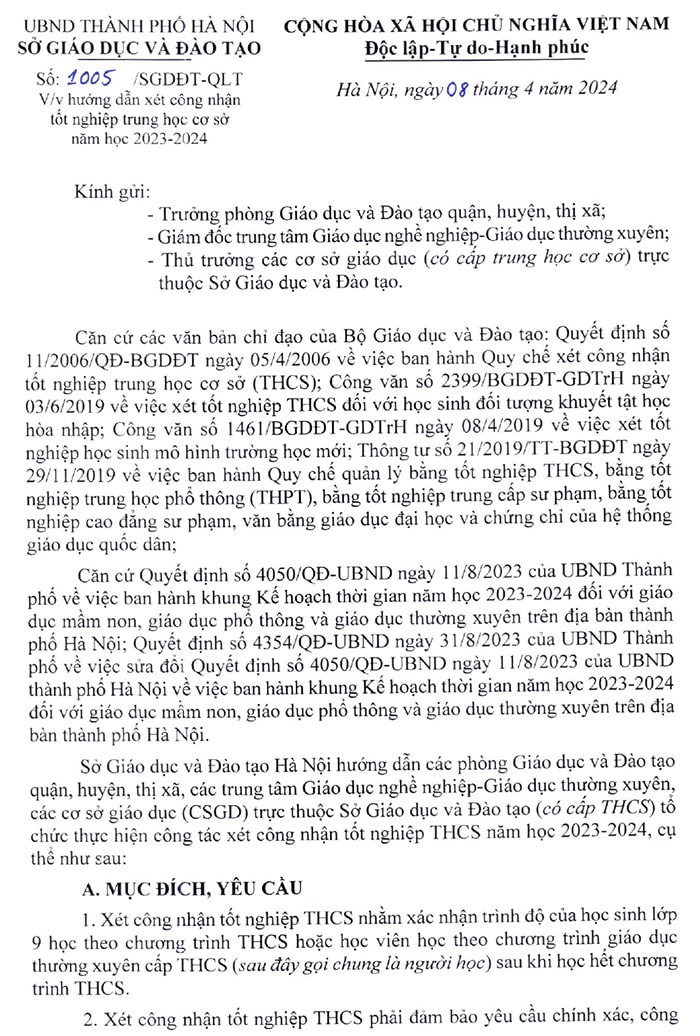 Nội dung Công văn số 1005/SGDĐT-QLT 2024