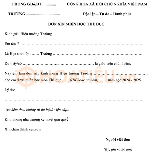 Mẫu đơn xin miễn học thể dục