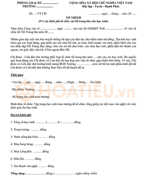 Mẫu Tờ trình xin kinh phí tổ chức Trung Thu 2024