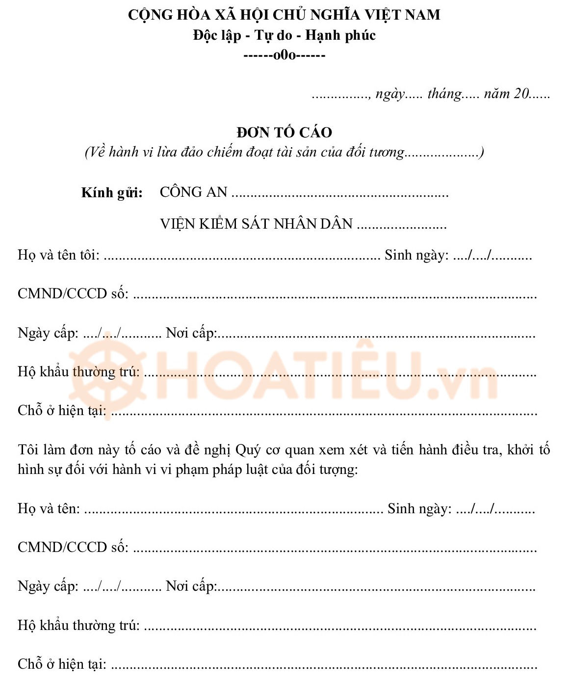 Mẫu đơn tố cáo lừa đảo chiếm đoạt tài sản 2024