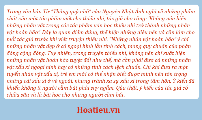 Đoạn văn không nên biến nhân vật trong các tác phẩm văn học thiếu nhi trở thành hoàn hảo