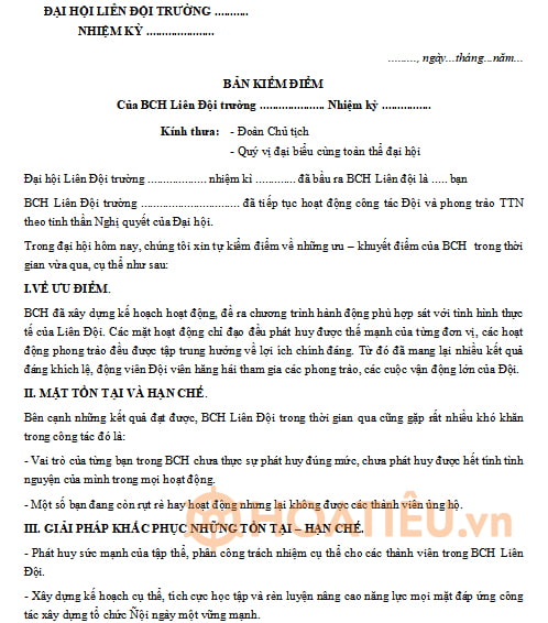 Mẫu bản kiểm điểm ban chỉ huy liên đội