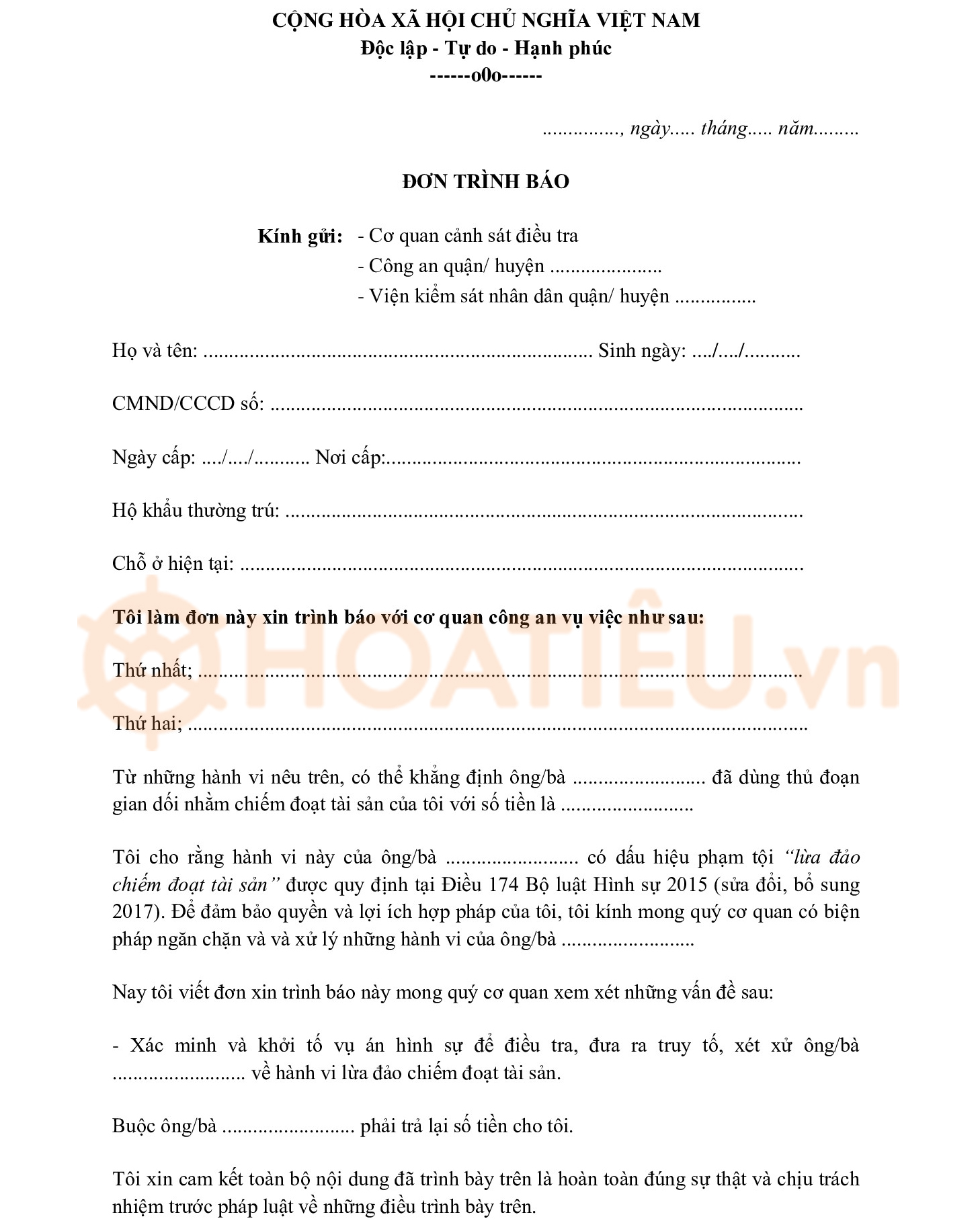 Đơn trình báo hành vi lừa đảo chiếm đoạt tài sản 2024