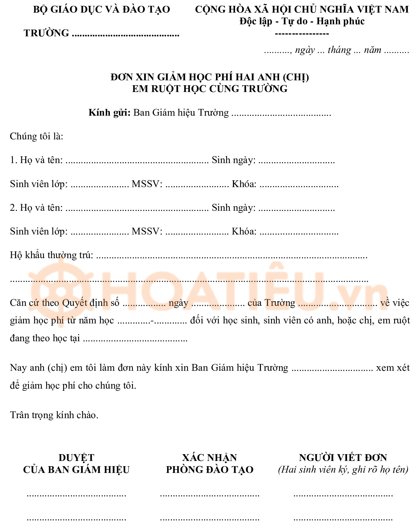 Đơn xin giảm học phí cho hai anh (chị) em ruột học cùng trường