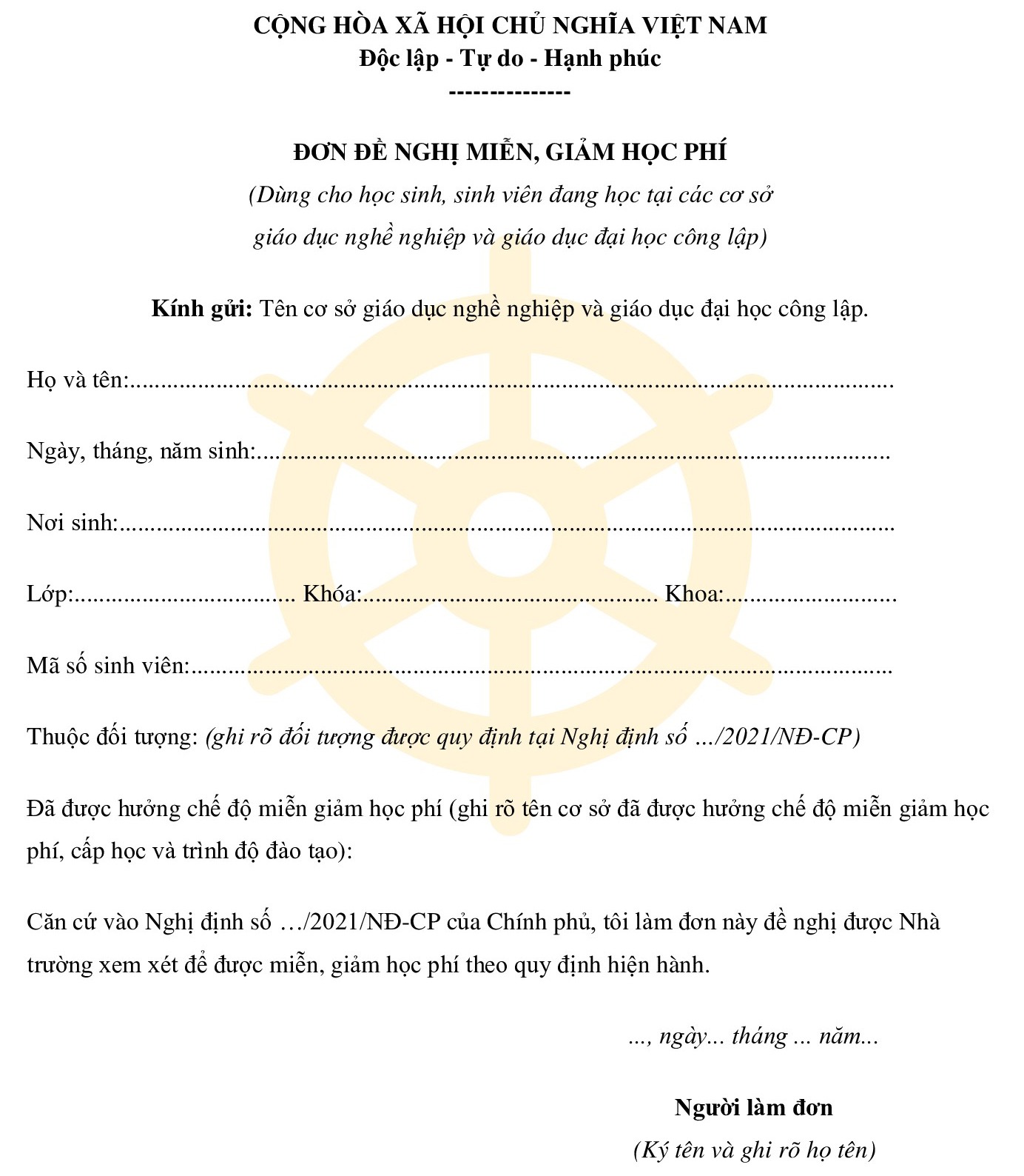 Đơn đề nghị miễn, giảm học phí cho sinh viên 2024