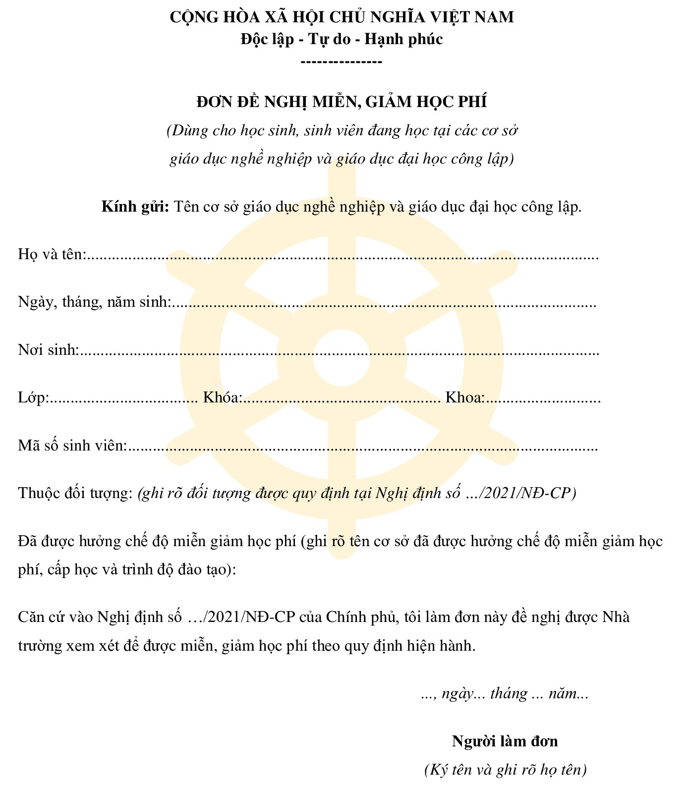 Mẫu đơn xin miễn giảm học phí cho học sinh, sinh viên