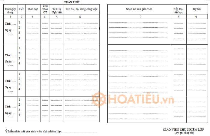 Mẫu sổ ghi đầu bài THPT