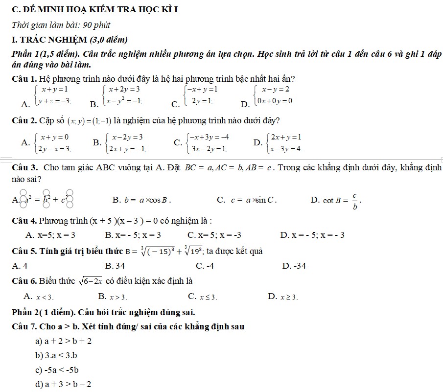 Đề thi cuối kì 1 Toán 9 có đáp án 
