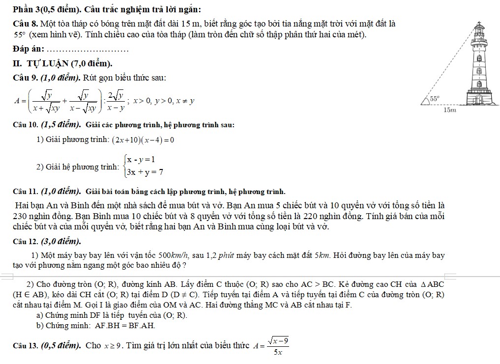 Đề thi cuối kì 1 Toán 9 có đáp án 
