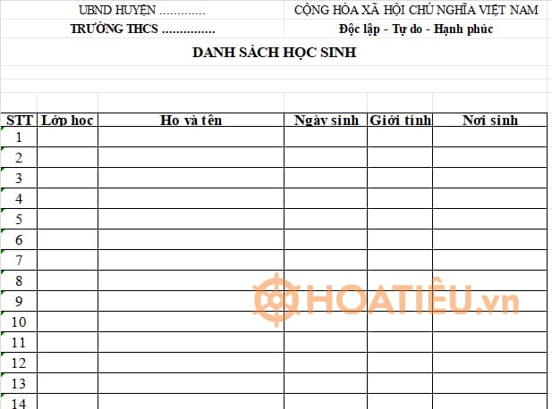 Mẫu danh sách học sinh toàn trường