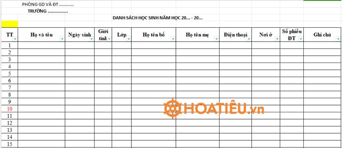 Mẫu danh sách lớp Excel