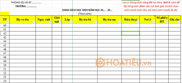 File Excel danh sách học sinh