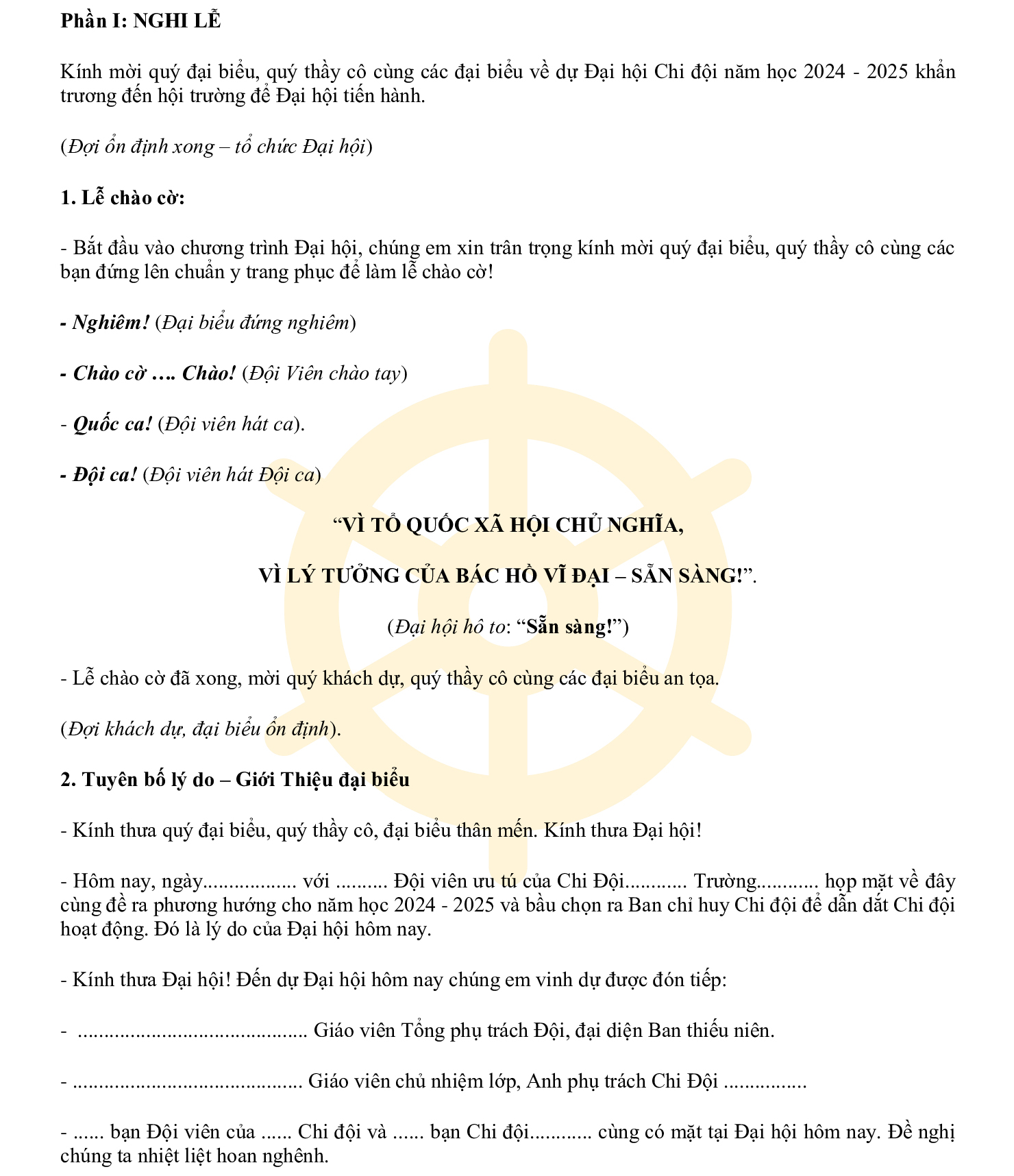 Kịch bản chương trình Đại hội chi Đội nhiệm kỳ 2024 - 2025