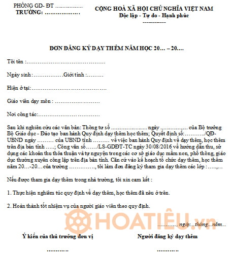 Mẫu đơn đăng ký dạy thêm