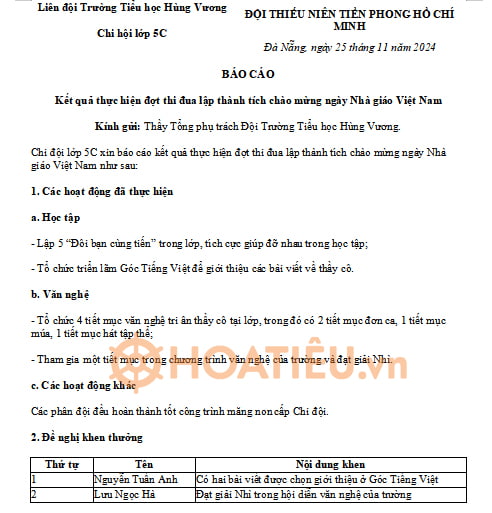 Trong vai chi đội trưởng, báo cáo thầy cô Tổng phụ trách Đội về các hoạt động của chi đội trong tháng qua