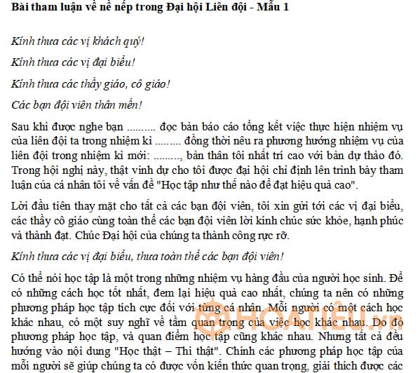 Bài tham luận về nề nếp trong Đại hội Liên đội