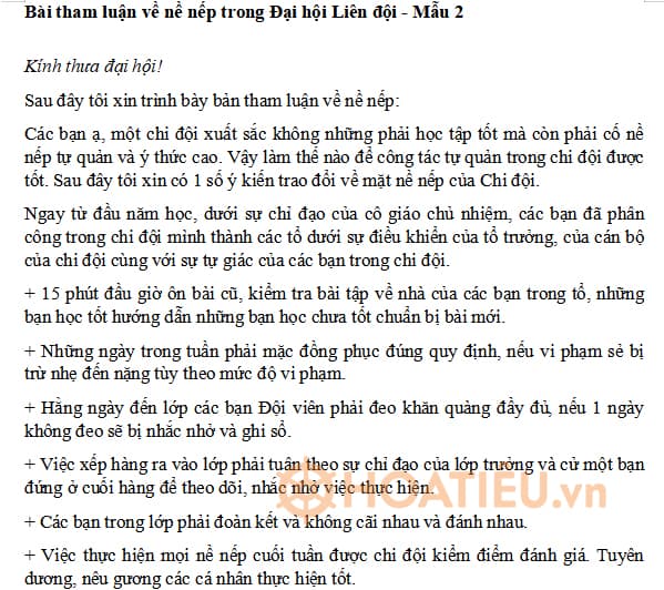 Bài tham luận về nề nếp trong Đại hội Liên đội