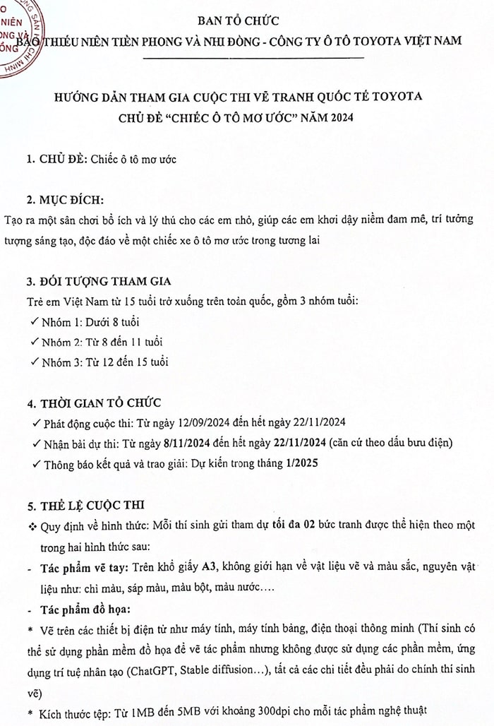 Thể lệ Cuộc thi vẽ tranh Quốc tế Toyota với chủ đề "Chiếc ô tô mơ ước" 2024