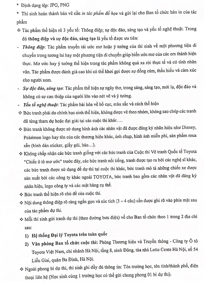 Thể lệ Cuộc thi vẽ tranh Quốc tế Toyota với chủ đề "Chiếc ô tô mơ ước" 2024
