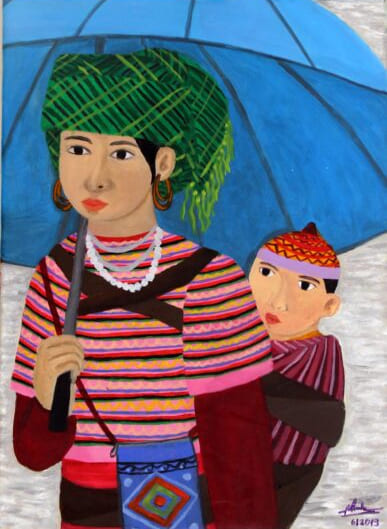 Tranh vẽ mẹ địu em bé của người vùng cao