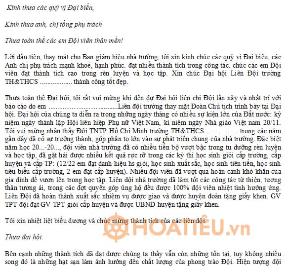 Bài phát biểu của Hiệu trưởng trong đại hội liên đội