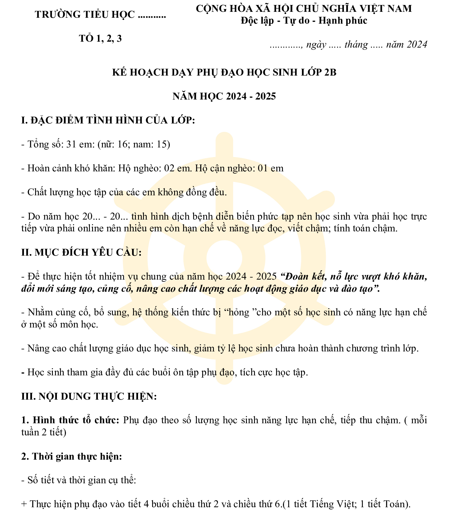Mẫu kế hoạch phụ đạo học sinh yếu Tiểu học 2024