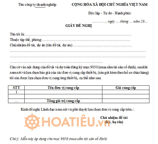 Mẫu đề nghị mua sắm tài sản cố định
