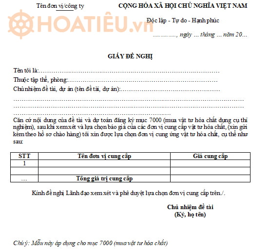 Mẫu đề nghị mua vật tư hóa chất