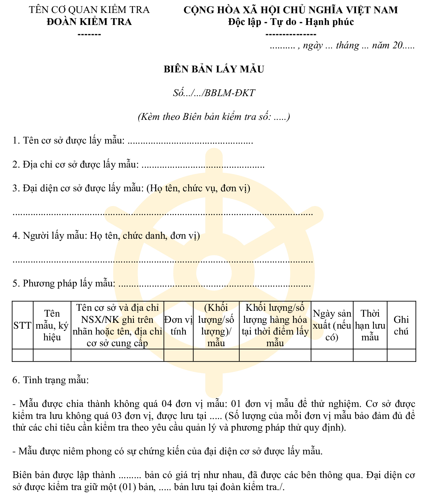 Mẫu biên bản lấy mẫu - Mẫu 5. BBLM