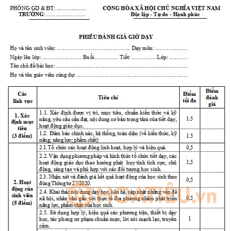 Phiếu dự giờ tiểu học theo Thông tư 27