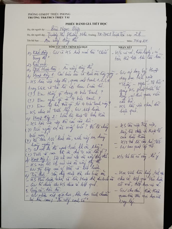Cách ghi phiếu đánh giá tiết dạy