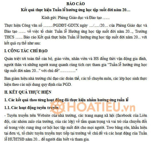 Mẫu báo cáo thực hiện Tuần lễ học tập suốt đời