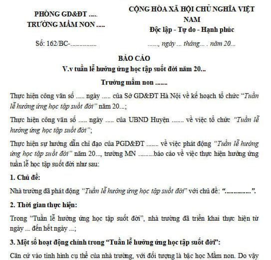 Báo cáo thực hiện Tuần lễ học tập suốt đời trường Mầm non
