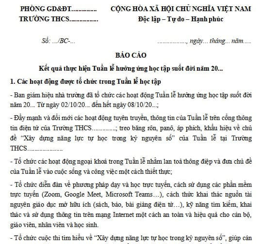 Báo cáo thực hiện Tuần lễ học tập suốt đời