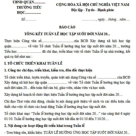 Báo cáo thực hiện Tuần lễ học tập suốt đời trường Tiểu học