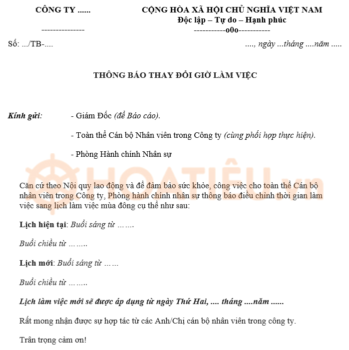 Mẫu thông báo giờ làm việc của công ty 2024