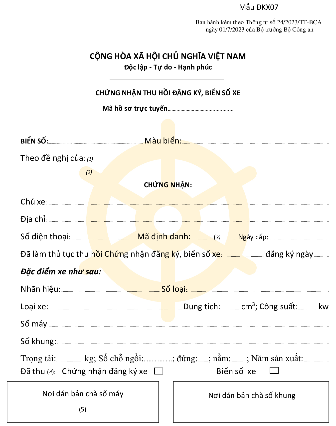 Giấy chứng nhận thu hồi đăng ký, biển số xe mới nhất 2024