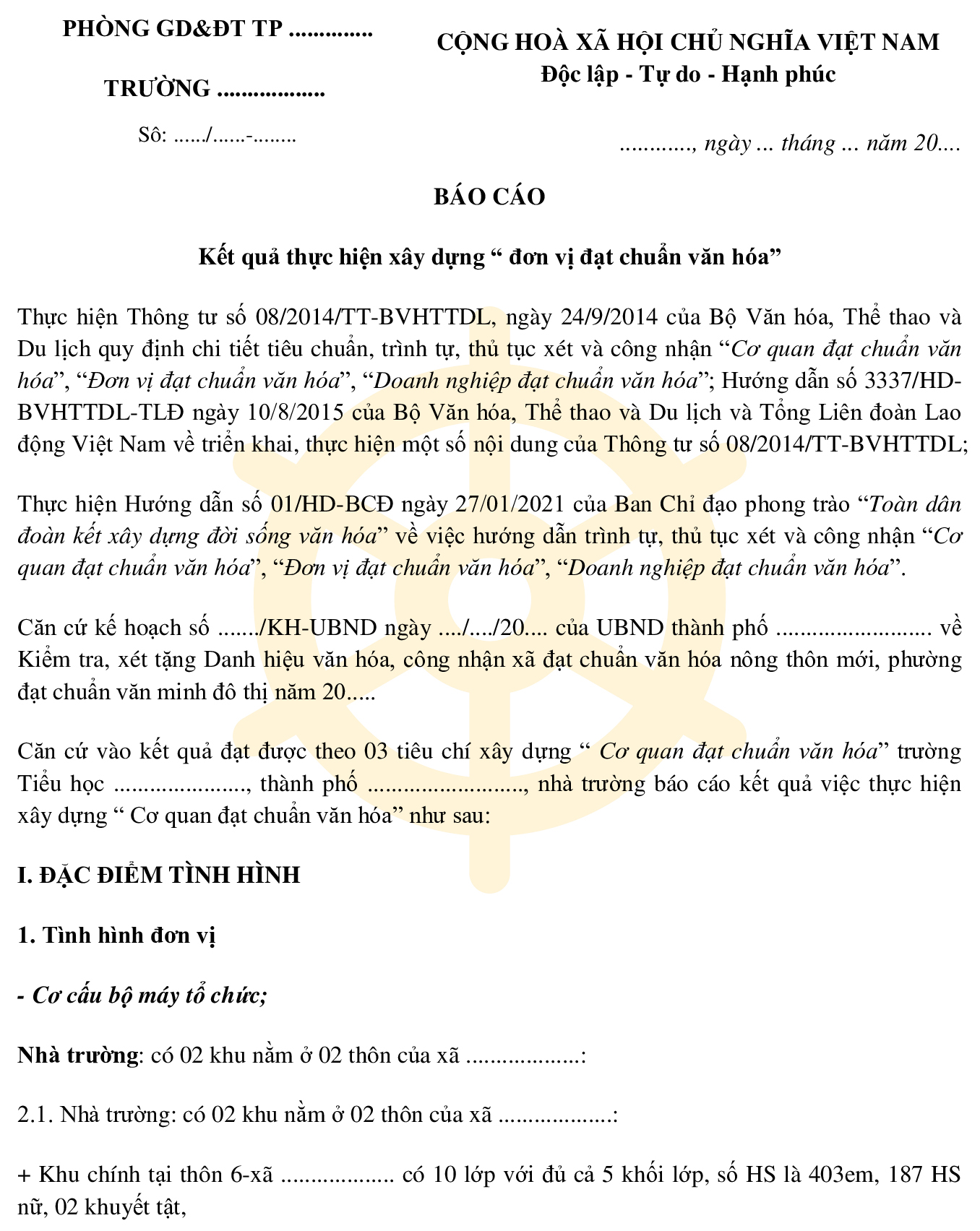 Báo cáo thành tích trường đạt chuẩn văn hóa 2024