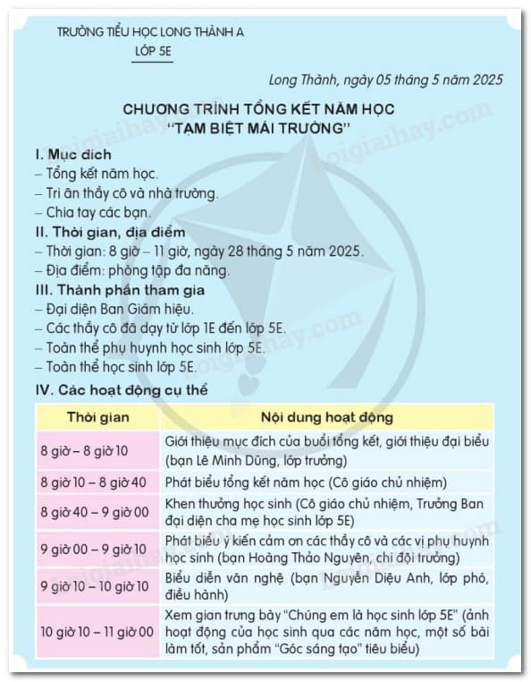 Viết chương trình cho một hoạt động do Ban chỉ huy Liên đội trường em dự kiến tổ chức trong năm học
