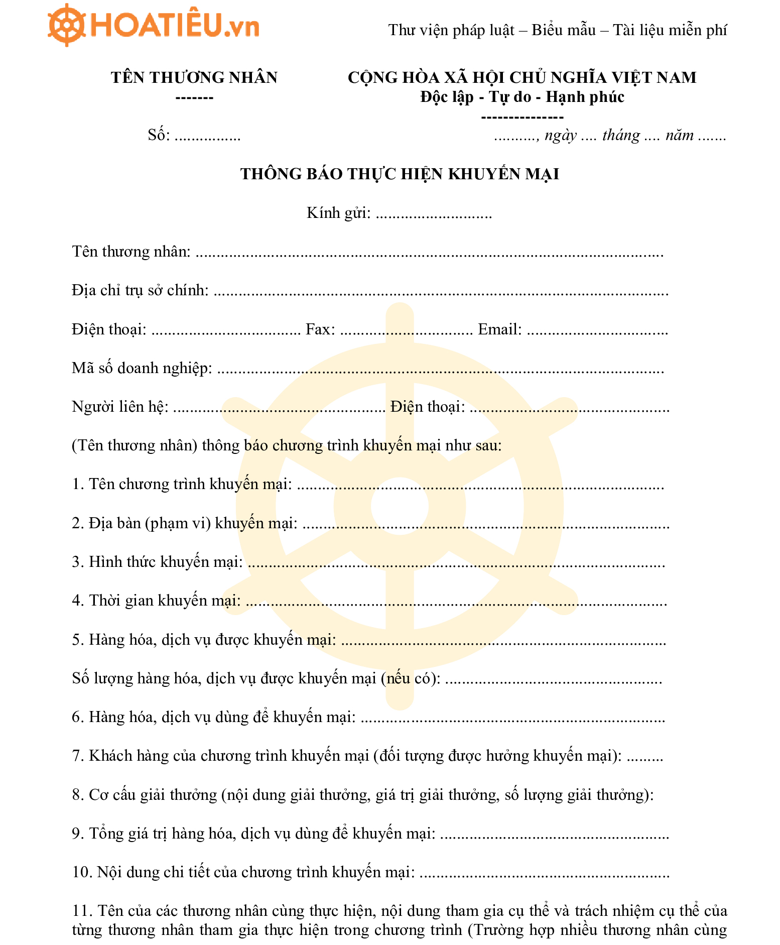 Mẫu thông báo thực hiện khuyến mại