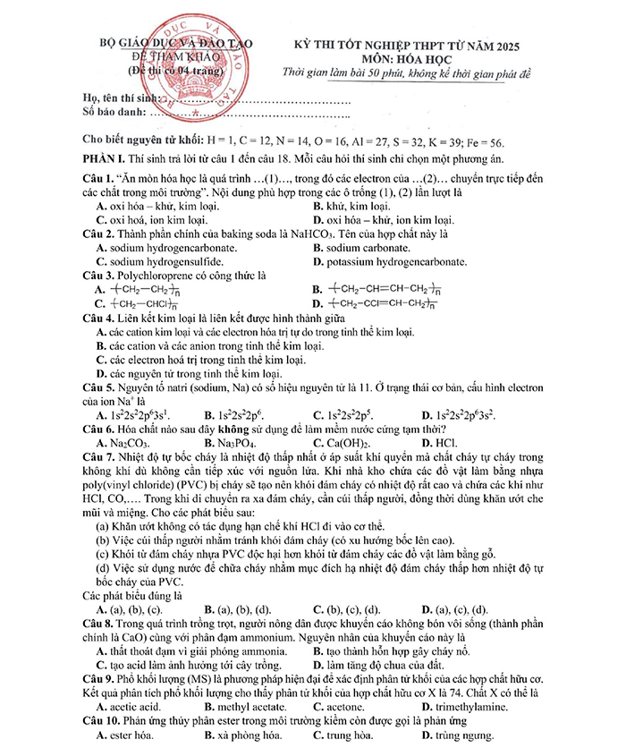 Đề minh họa tốt nghiệp THPT 2025 môn Hóa